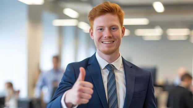 Smiling Red Haired Man in a Suit Gives a Thumbs up in Office Setting photo