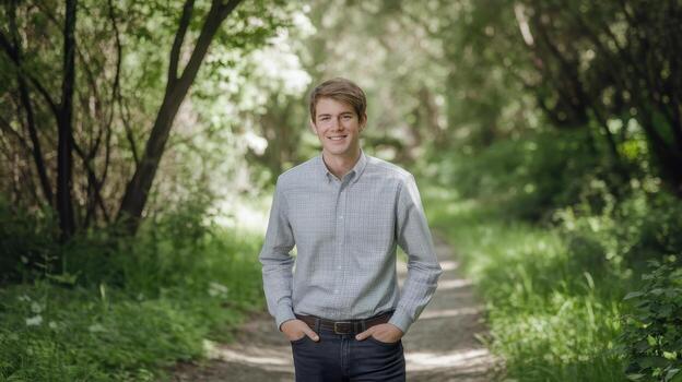 Young Man Walks on Path in Forest During Daylight Hours photo