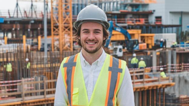 Construction Worker Smiles on Building Site During Daytime photo