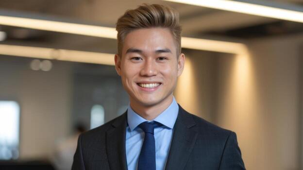 Young Businessman Smiling in Office Setting Looking at Camera photo
