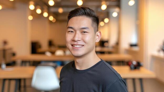Portrait of Young Asian Man Smiling Indoors During Daytime in Shared Workspace photo