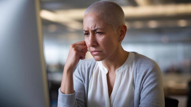 Worried Woman Looks at Computer Screen in Office During Daytime photo