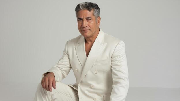 Mature Man Poses in White Suit Against Plain Background in Studio Setting photo