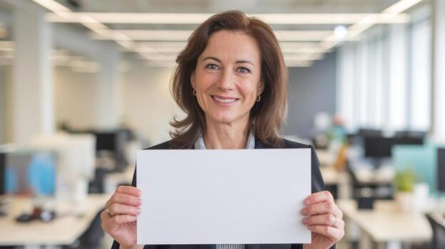Smiling Woman in Office Holds Blank White Sign for Your Message photo
