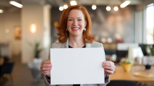 Smiling Woman Holding Blank Paper in a Modern Office Space photo