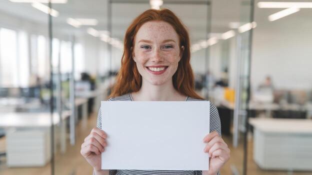 Smiling Woman Holds Blank Paper in Bright Modern Office Space photo