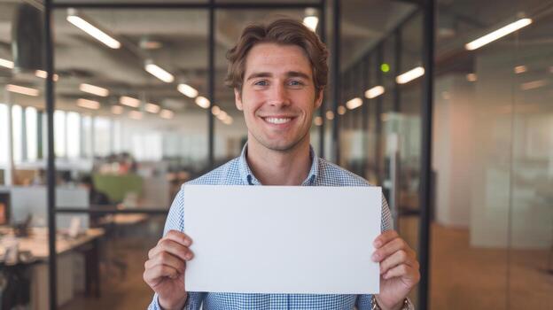 Smiling Man Holding a Blank Sign in Modern Office Space photo