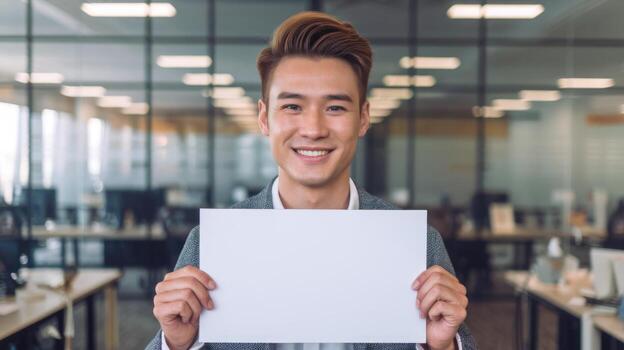 Smiling Asian Man Holds Blank White Sign in Modern Office Space photo