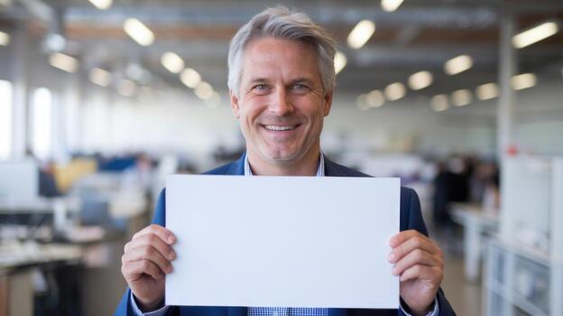Smiling Man Holds Blank White Sign in Modern Office Space photo