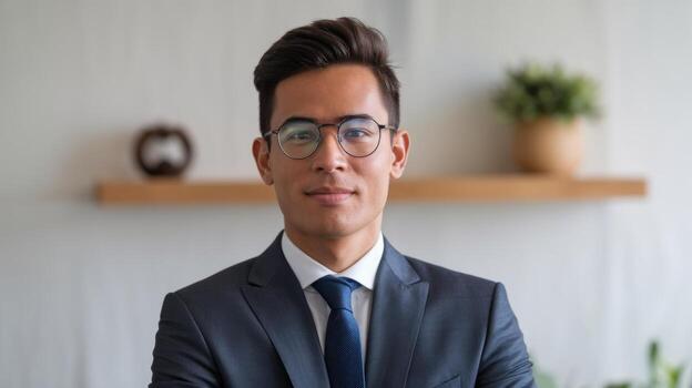 Portrait of Young Man in Suit and Tie Standing in Front of Shelf photo