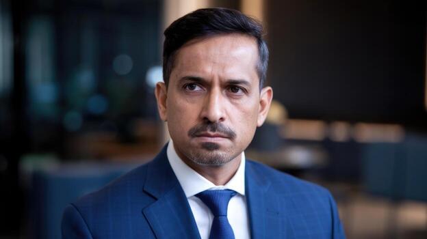 Serious Man Wearing Suit and Tie in Building Looks Forward photo