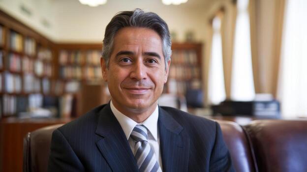 Portrait of Businessman Sitting in Office With Bookshelves Behind photo