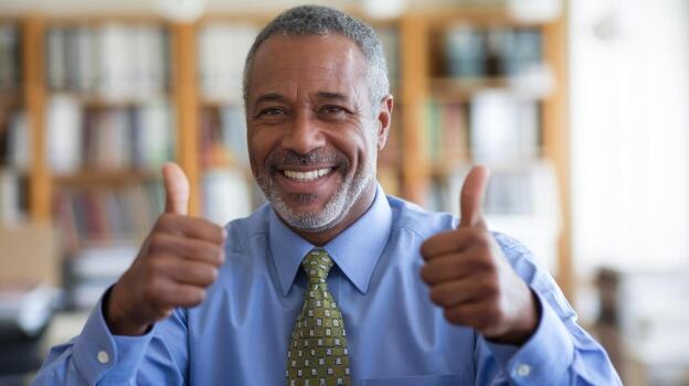 Man in Shirt and Tie Gives Thumbs up in Office Setting photo