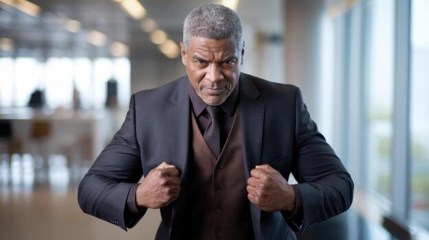 Senior Businessman in a Dark Suit Pulls His Lapels With a Determined Expression photo