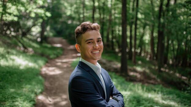 Young Man Smiling in the Woods Wearing a Formal Suit photo