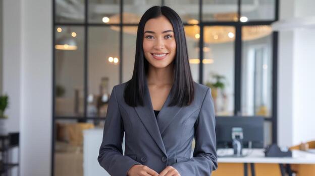 Smiling Business Woman in Modern Office Environment Stands Confidently photo