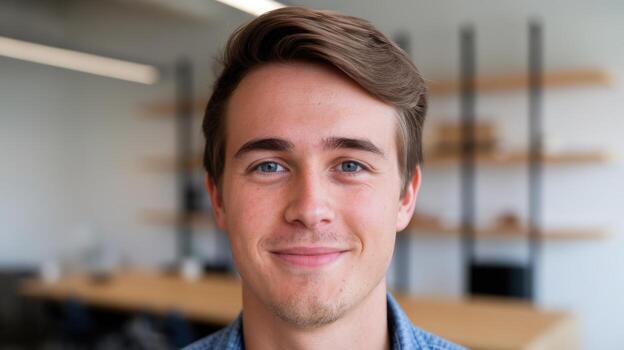 hombre sonriente mira directamente a el espectador en un brillante oficina foto