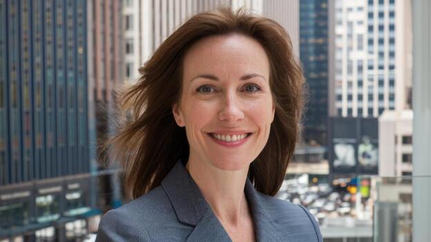 Smiling Woman Wearing a Suit Stands in Front of Office Buildings During Daytime photo