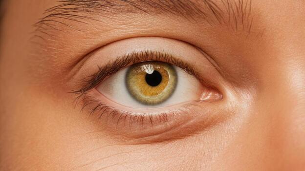 Close up of a Human Eye With Golden Brown Iris and Visible Eyelashes photo