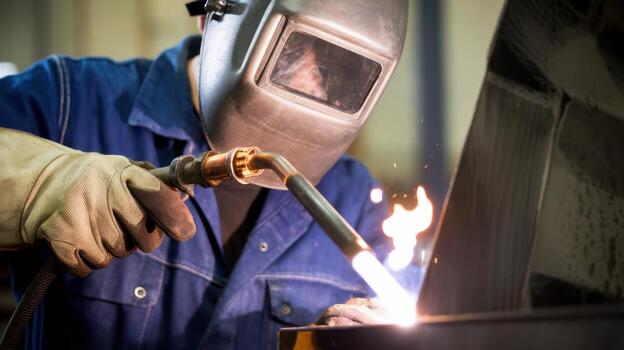 Man in Protective Gear Welds Metal in a Workshop Setting photo