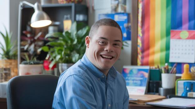 Man With Down Syndrome Smiling at a Desk in Front of Rainbow Flag photo