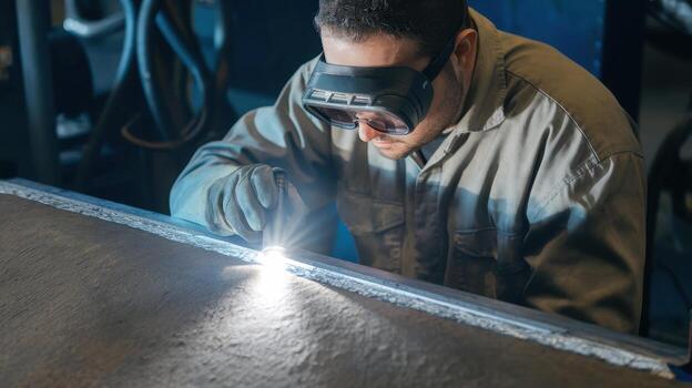 Man Welding Metal Pipe in a Factory Wearing Protective Gear photo