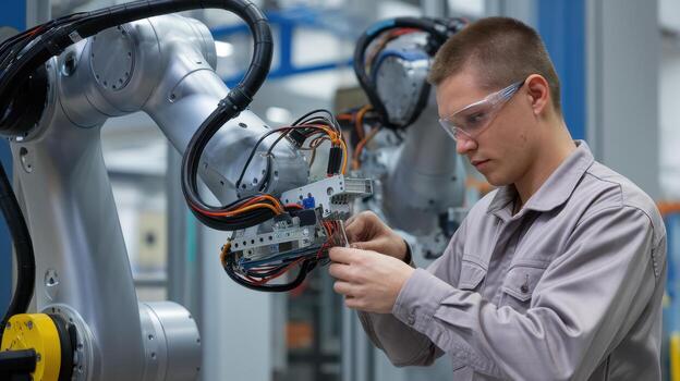 Man in Safety Glasses Working on Robotic Arm in a Factory photo