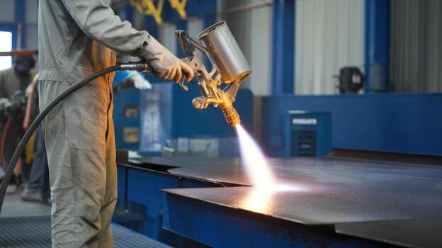 Worker Sprays Metal Sheet With Flame Inside Industrial Factory photo