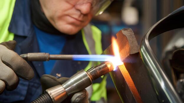 Man Heats Metal With a Blowtorch in a Workshop Setting for Fabrication photo