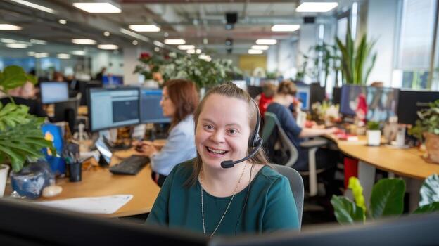 Smiling Woman Works at a Desk With a Headset in an Office photo