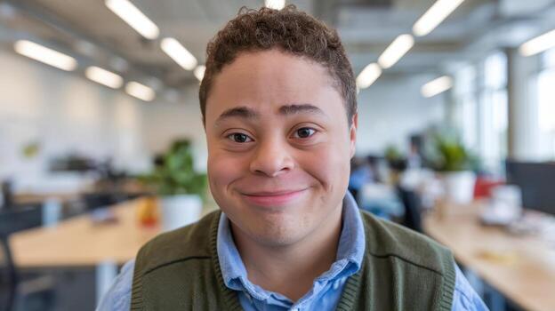 Young Man Smiles Warmly in Bright Office Setting During the Day photo