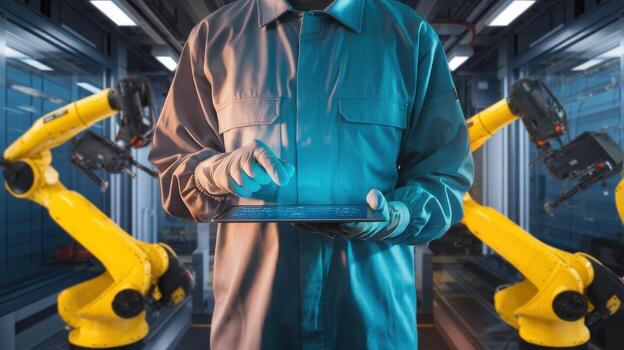 Technician Using Tablet Controls Robotic Arms in Automated Factory at Night photo