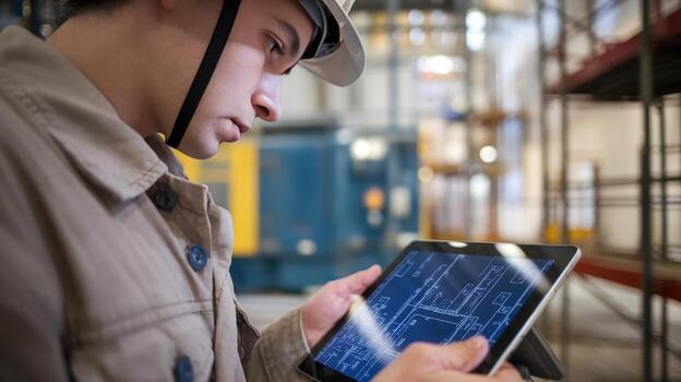 ingeniero comentarios Plano en tableta en un almacén ajuste foto
