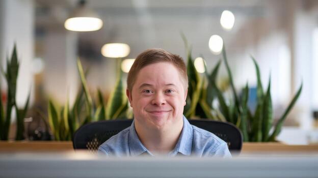 Man With Down Syndrome Smiles Brightly at His Workplace in Daytime photo