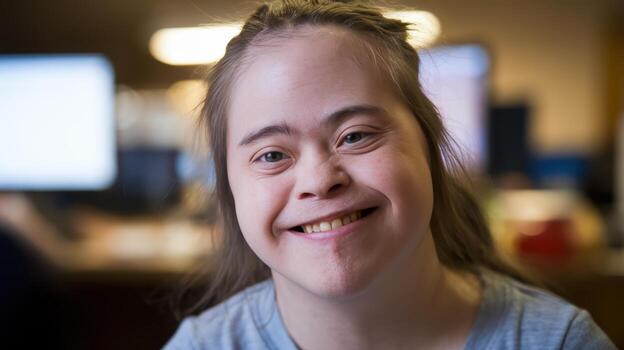 Smiling Girl With Down Syndrome Poses Indoors Near Computer photo