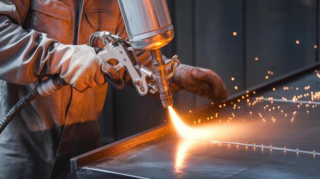 Man in Gloves Uses Spray Gun to Apply Coating to Metal Surface Indoors photo