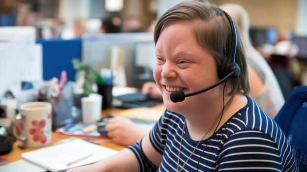 Woman With Down Syndrome Working at a Help Desk Smiling photo