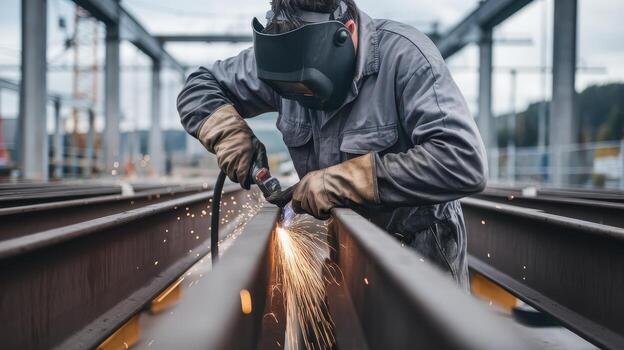 Metal Worker Uses Welding Torch at Construction Site During the Day photo