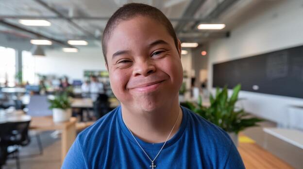 Smiling Young Man With Down Syndrome in Modern Office Setting photo