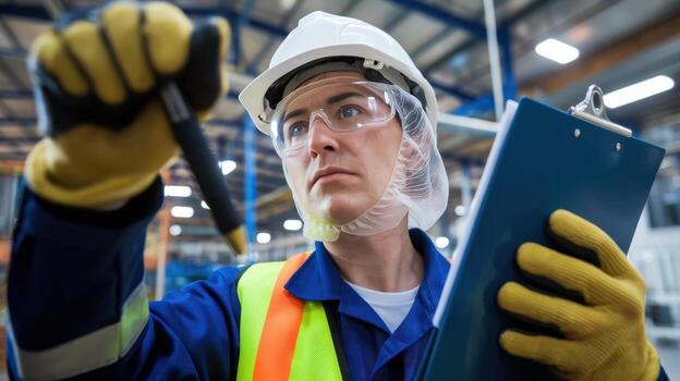 Factory Worker Writes on Something While Inspecting in Daytime photo