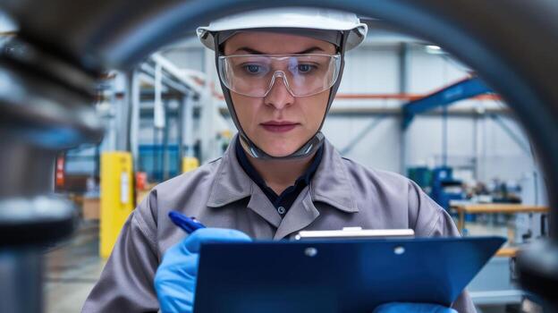 Engineer Inspects Machinery With Clipboard at a Factory During Daytime photo