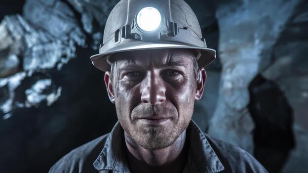 Man Works In Underground Cave Wearing Hard Hat With Light On photo