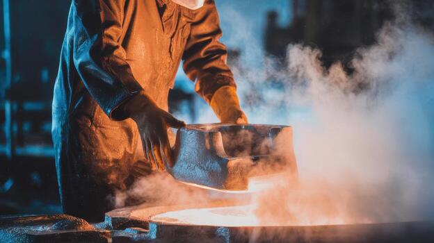 Foundry Worker Handling Mold Above Hot Metal in The Factory photo