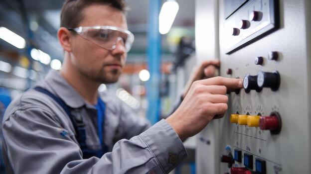 Factory Worker Adjusts Settings on Control Panel in a Factory photo