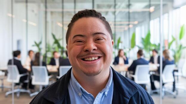 Smiling Man With Down Syndrome at Office During Business Meeting photo