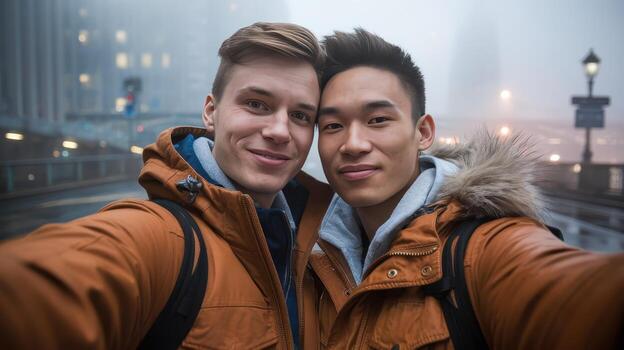 dos contento joven hombres tomar un selfie en un urbano zona con brumoso antecedentes foto