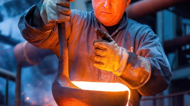 Man Pouring Molten Metal in Foundry During Daylight Operation photo
