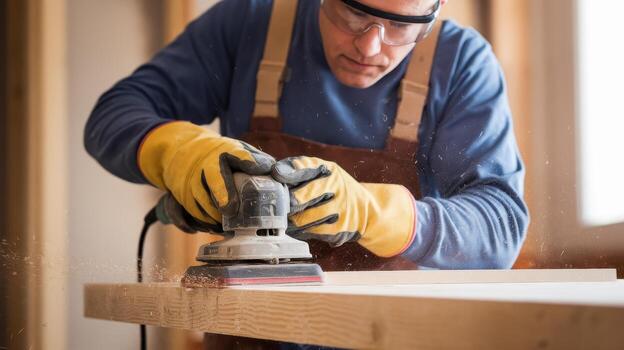 Man Sands Wood Using Electric Sander During Woodworking Project photo
