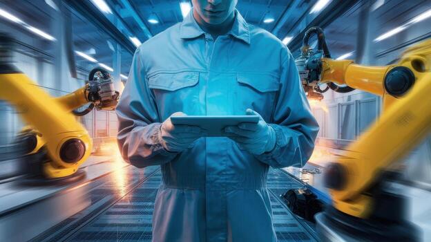 A man in a blue uniform holding a tablet photo