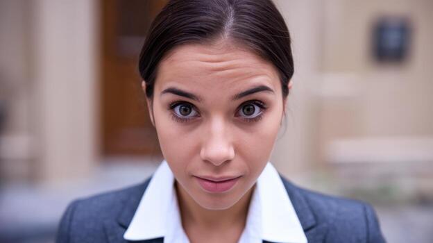Woman in Business Attire Gazes Intensely at Camera, Standing Outside Building photo